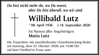 Traueranzeige von Willibald Lutz von Super Sonntag Aschersleben