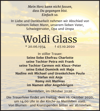 Traueranzeige von Woldi Glass von Mitteldeutsche Zeitung Naumburg/Nebra