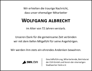 Traueranzeige von Wolfgang Albrecht von Mitteldeutsche Zeitung Halle/Saalkreis