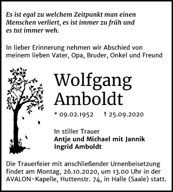 Traueranzeige von Wolfgang Amboldt von Mitteldeutsche Zeitung Halle/Saalkreis