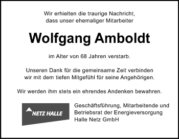 Traueranzeige von Wolfgang Amboldt von Mitteldeutsche Zeitung Halle/Saalkreis