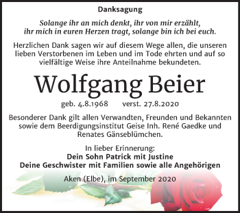 Traueranzeige von Wolfgang Beier von Mitteldeutsche Zeitung Köthen