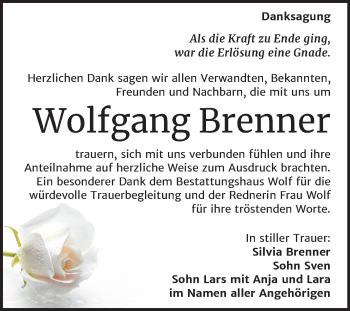 Traueranzeige von Wolfgang Brenner von Mitteldeutsche Zeitung Weißenfels