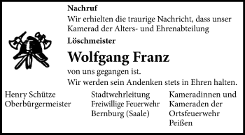 Traueranzeige von Wolfgang Franz von Super Sonntag Bernburg