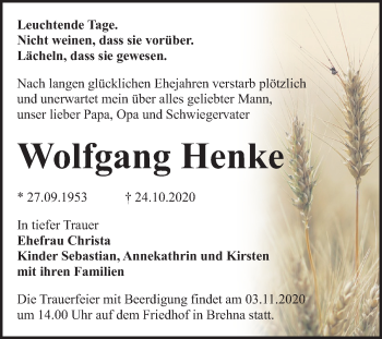 Traueranzeige von Wolfgang Henke von Mitteldeutsche Zeitung Bitterfeld