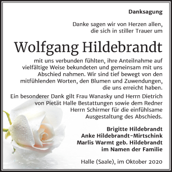 Traueranzeige von Wolfgang Hildebrandt von Mitteldeutsche Zeitung Halle/Saalkreis