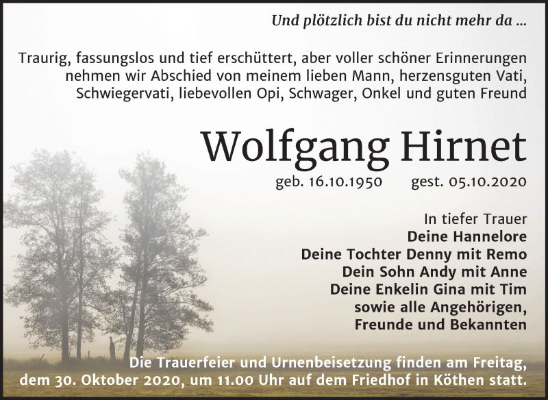  Traueranzeige für Wolfgang Hirnet vom 16.10.2020 aus Mitteldeutsche Zeitung Köthen