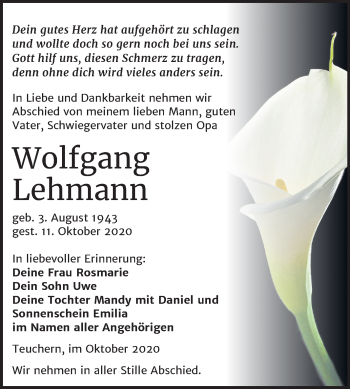 Traueranzeige von Wolfgang Lehmann von Super Sonntag Weißenfels