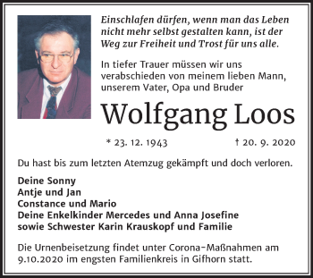 Traueranzeige von Wolfgang Loos von Wochenspiegel Bitterfeld