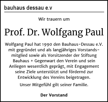 Traueranzeige von Wolfgang Paul von Mitteldeutsche Zeitung Dessau-Roßlau