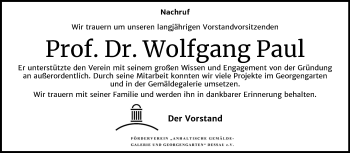 Traueranzeige von Wolfgang Paul von Mitteldeutsche Zeitung Dessau-Roßlau