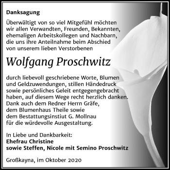 Traueranzeige von Wolfgang Proschwitz von Mitteldeutsche Zeitung Merseburg/Querfurt