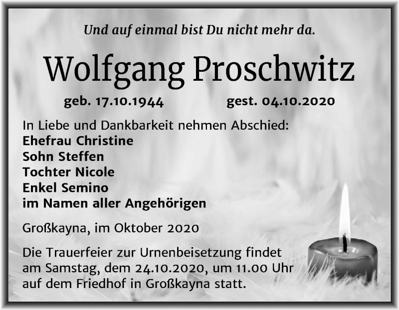  Traueranzeige für Wolfgang Proschwitz vom 10.10.2020 aus Super Sonntag Merseburg/Querfurt
