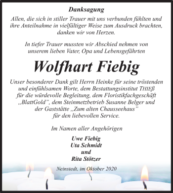 Traueranzeige von Wolfhart Fiebig von Super Sonntag Quedlinburg