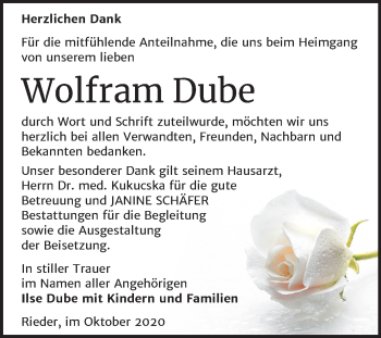 Traueranzeige von Wolfram Dube von Super Sonntag Quedlinburg