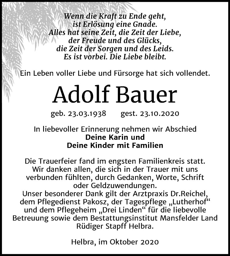  Traueranzeige für Adolf Bauer vom 21.11.2020 aus Mitteldeutsche Zeitung Mansfelder Land