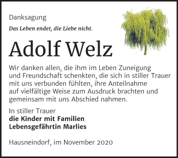 Traueranzeige von Adolf Welz von Mitteldeutsche Zeitung Quedlinburg