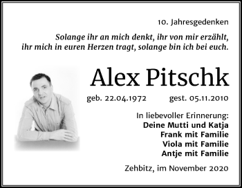 Traueranzeige von Alex Pitschk von Mitteldeutsche Zeitung Köthen