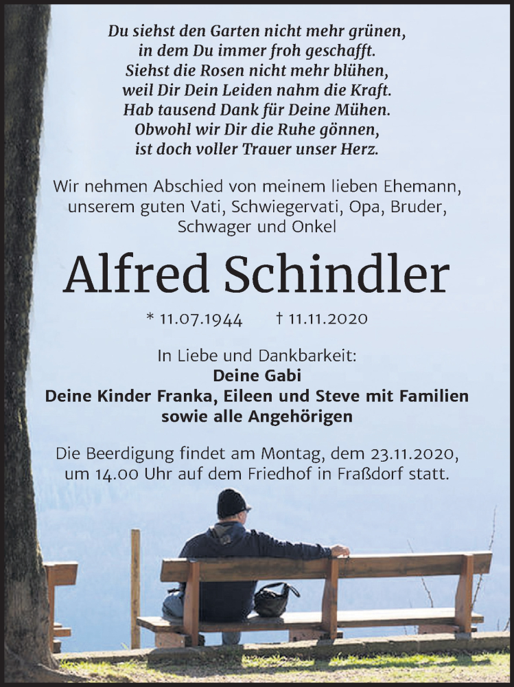  Traueranzeige für Alfred Schindler vom 18.11.2020 aus Mitteldeutsche Zeitung Köthen