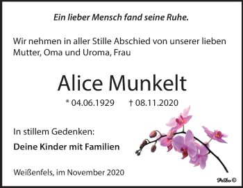 Traueranzeige von Alice Munkelt von Wochenspiegel Weißenfels