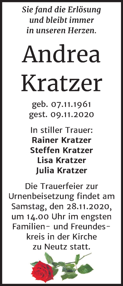  Traueranzeige für Andrea Kratzer vom 14.11.2020 aus Mitteldeutsche Zeitung Halle/Saalkreis