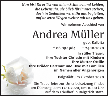 Traueranzeige von Andrea Müller von Mitteldeutsche Zeitung Naumburg/Nebra