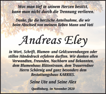 Traueranzeige von Andreas Eley von Mitteldeutsche Zeitung Quedlinburg