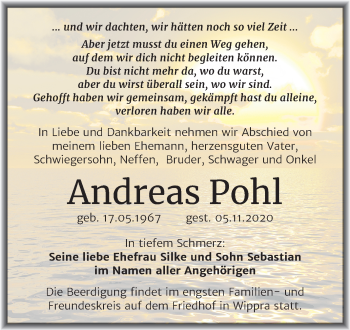 Traueranzeige von Andreas Pohl von Wochenspiegel Mansfelder Land / Sangerhausen