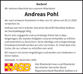 Traueranzeige von Andreas Pohl von Super Sonntag Mansfelder Land