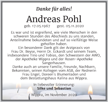 Traueranzeige von Andreas Pohl von Super Sonntag Mansfelder Land / Sangerhausen