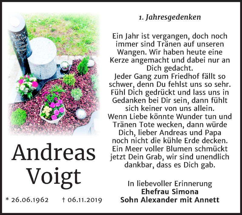  Traueranzeige für Andreas Voigt vom 07.11.2020 aus Mitteldeutsche Zeitung Bernburg