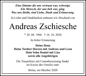Traueranzeige von Andreas Zschiesche von Mitteldeutsche Zeitung Bitterfeld
