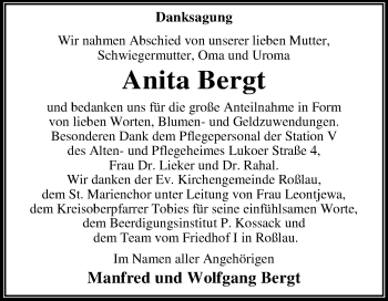 Traueranzeige von Anita Bergt von Mitteldeutsche Zeitung Dessau-Roßlau