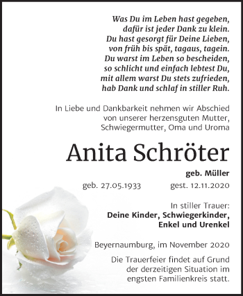 Traueranzeige von Anita Schröter von Super Sonntag Sangerhausen