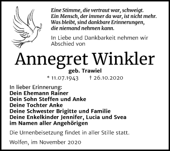 Traueranzeige von Annegret Winkler von Wochenspiegel Bitterfeld