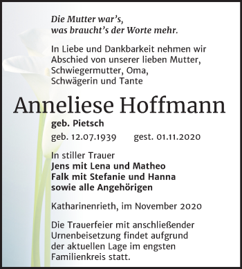 Traueranzeige von Anneliese Hoffmann von Mitteldeutsche Zeitung Sangerhausen