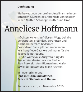 Traueranzeige von Anneliese Hoffmann von Super Sonntag Sangerhausen