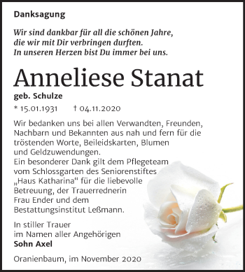 Traueranzeige von Anneliese Stanat von Mitteldeutsche Zeitung Wittenberg