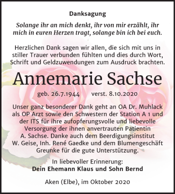 Traueranzeige von Annemarie Sachse von Super Sonntag Köthen