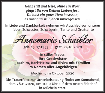 Traueranzeige von Annemarie Schaibler von Super Sonntag Merseburg/Querfurt