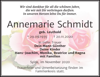 Traueranzeige von Annemarie Schmidt von Mitteldeutsche Zeitung Mansfelder Land