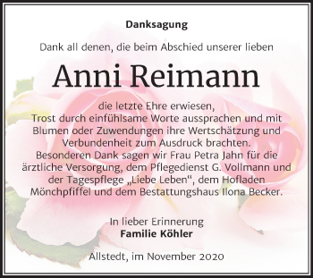 Traueranzeige von Anni Reimann von Mitteldeutsche Zeitung Sangerhausen