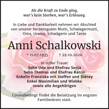 Traueranzeige von Anni Schalkowski von Super Sonntag Bernburg