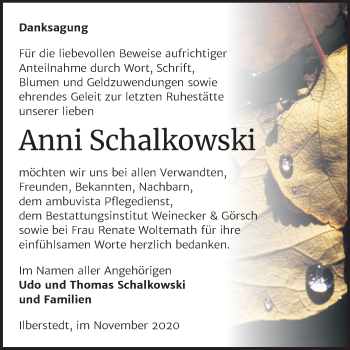 Traueranzeige von Anni Schalkowski von Super Sonntag Bernburg