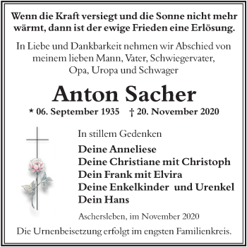 Traueranzeige von Anton Sacher von Super Sonntag Aschersleben