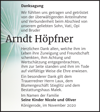 Traueranzeige von Arndt Höpfner von Mitteldeutsche Zeitung Quedlinburg