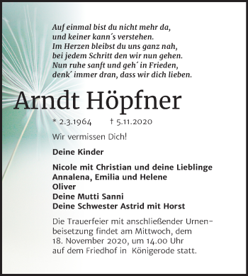 Traueranzeige von Arndt Höpfner von Mitteldeutsche Zeitung Quedlinburg