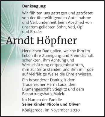 Traueranzeige von Arndt Höpfner von Super Sonntag Quedlinburg