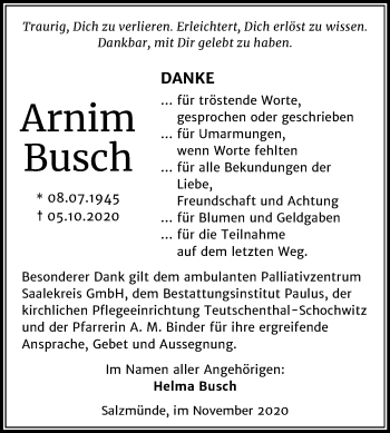 Traueranzeige von Arnim Busch von Mitteldeutsche Zeitung Halle/Saalkreis