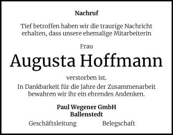 Traueranzeige von Augusta Hoffmann von Super Sonntag Quedlinburg